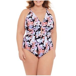 Time and Tru Women’s Plus Keyhole One Piece Swimsuit Watercolor Floral 1X NWT